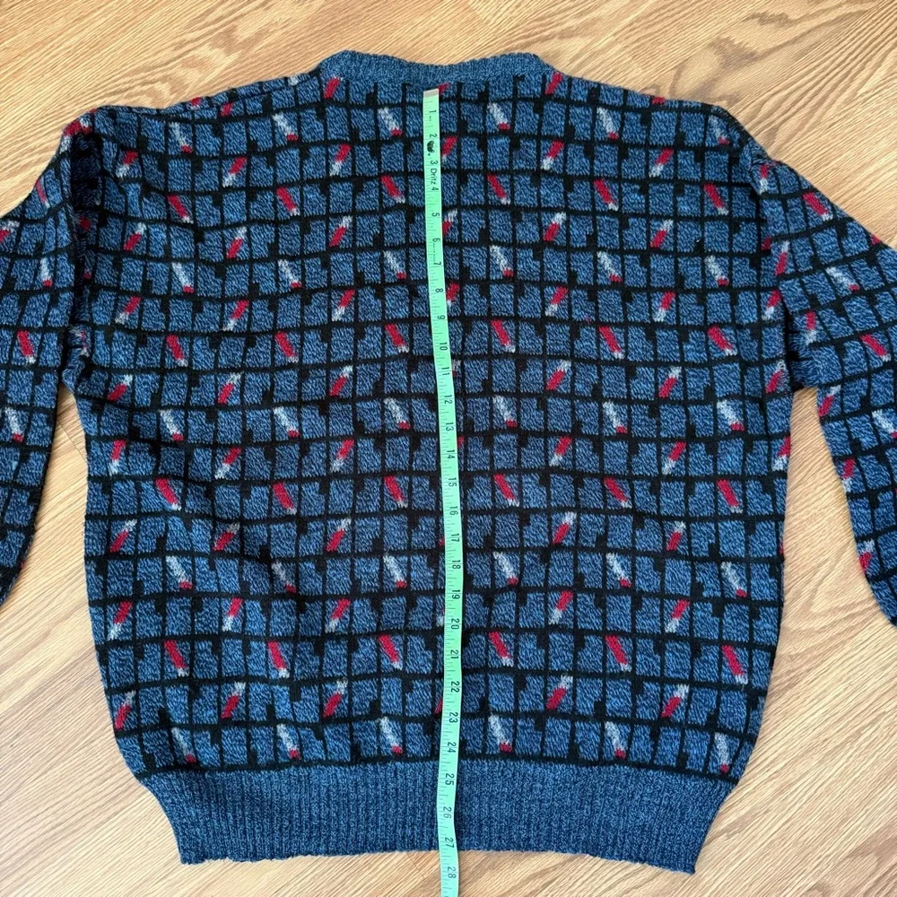 Renzo Y2K Men's Blue and Red Geometric Patterned Wool Sweater XL Made in Italy‎